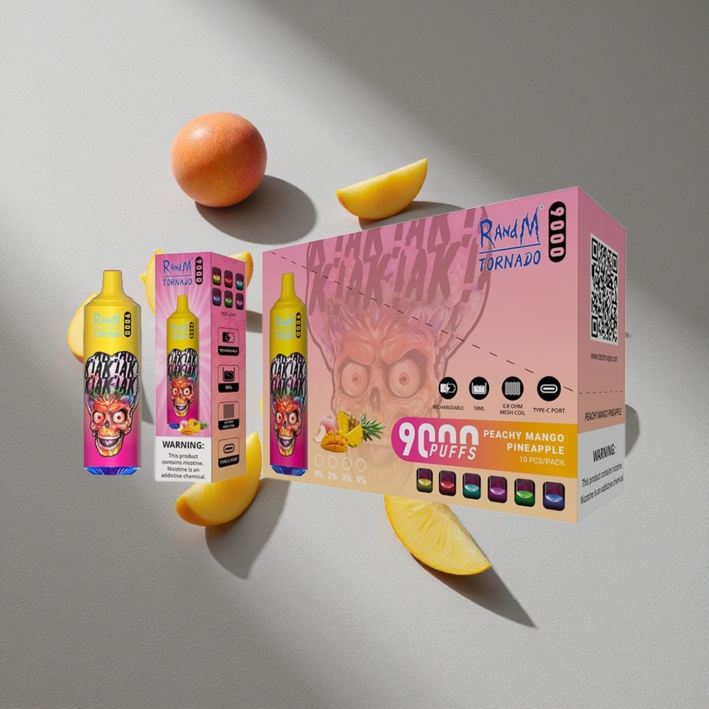 RandM Fumot Tornado 9000 Puffs Brzoskwiniowy Mango Ananas z Wyświetlaczem RGB i Mesh Coil