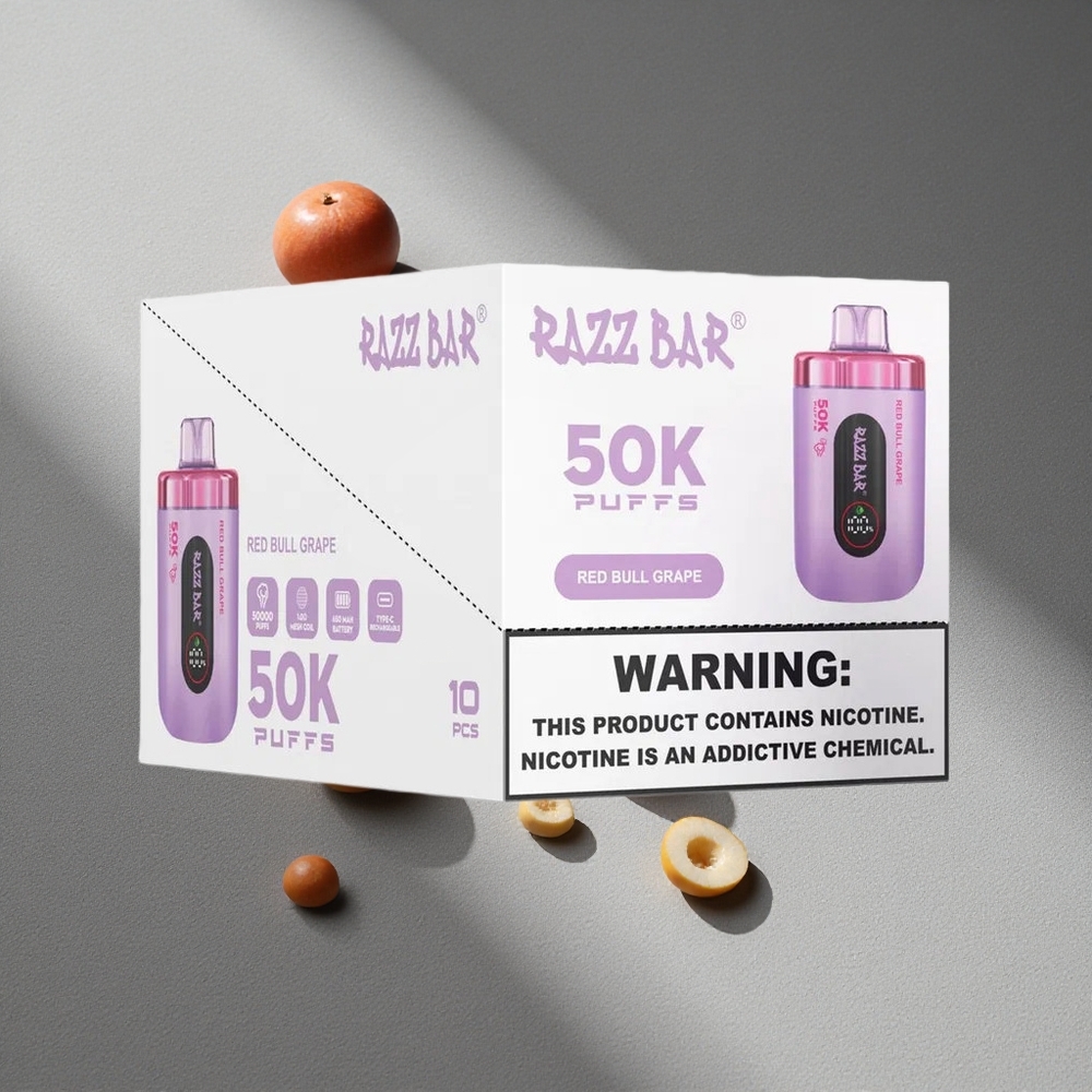 Razz Bar 50K Puffs Jednorazowy Waporyzator Czerwony Był Winogrono 1.0 Ohm Mesh Type-C